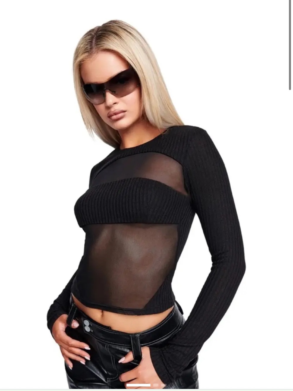 I.Am.Gia black mesh long sleeve top with ribbed knit panels - size XS